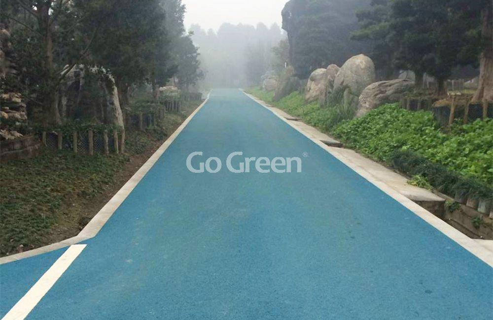 La carretera de asfalto de color azul hace que el paisaje del parque sea más fabuloso